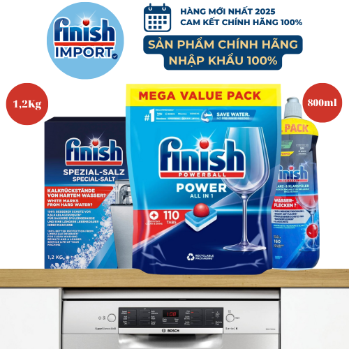 (Combo 3 món Tiết Kiệm) 1 Túi 110 viên rửa chén Finish All in 1 + 1 Chai 800ml Finish + 1 Hộp 1,2Kg muối Finish (Làm mềm nước)
